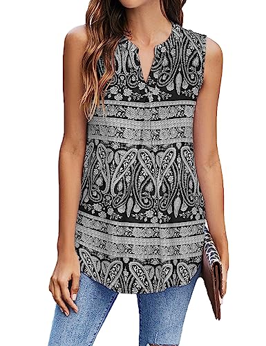 BDTECAOR Oberteile Damen Sommer Locker Festliche Blusen V-Ausschnitt Ohne Ärmel Boho Tank Top Basic Shirt Schwarze Blätter XL von BDTECAOR