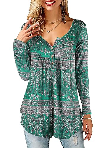 BDTECAOR Oversize Shirt Damen V Ausschnitt Lockere Tunika Niedlich Plissier Langarm Bluse Oberteile B-Dunkelgrün XXL von BDTECAOR