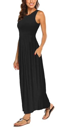 BDTECAOR Schwarzes Kleid Damen Lang Maxi Kleid Ärmellos Boho Strandkleider mit Taschen Schwarz XXL von BDTECAOR