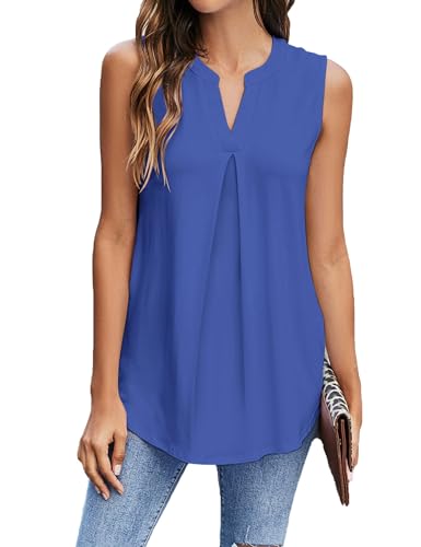BDTECAOR Damen Sommer Tops Dressy Casual V Ausschnitt Ärmellose Blusen Locker Trendy Büro Arbeit Shirts Blau M von BDTECAOR