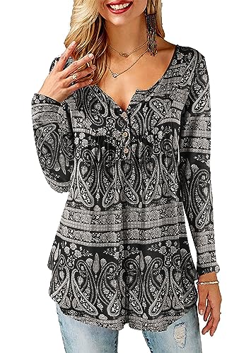 BDTECAOR Shirt Langarm Damen V Ausschnitt Bluse Casual Lockere Herbst Tunika Oberteile B-Paisley Schwarz XL von BDTECAOR