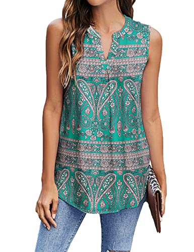 BDTECAOR Lässige Sommer Tops Damen V-Ausschnitt Bluse Ärmellose Blumen Tank Top Süße Strand Tunika Shirts B-Greenleaf L von BDTECAOR