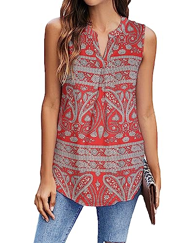 BDTECAOR Sommerbluse Damen Leicht Und Luftig Basic Tank Top Lockere V Ausschnitt Ärmellos Shirt Lässige Business Kleidung Rote Blätter XXL von BDTECAOR