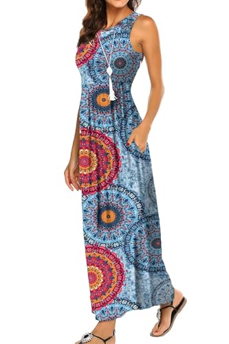 BDTECAOR Sommerkleid Damen Lang Ärmellose Maxikleid Bohho Strandkleider mit Taschen Blumenmix Blau S von BDTECAOR