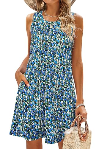 BDTECAOR Sommerkleider Dame Casual Ärmellos T-Shirt Kleid Strandkleider mit Taschen Blaue Blume L von BDTECAOR