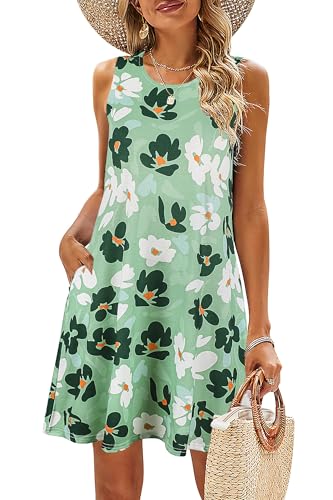 BDTECAOR Sommerkleider Damen Ärmellos Blumen T-Shirt Strandkleid Leichte Lässige Taschen Boho Tank Kleid von BDTECAOR