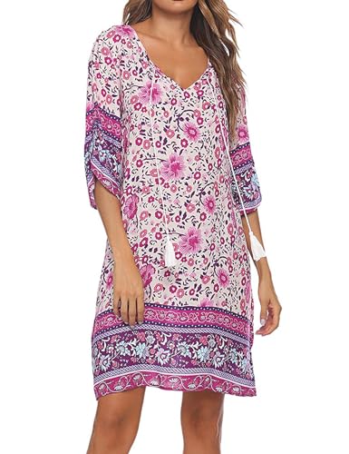 BDTECAOR Sommerkleider für Frauen Strand Blumen Tunika Lockerkleid Gerafften Ärmeln Lässiges Urlaubskleid Rosa XL von BDTECAOR