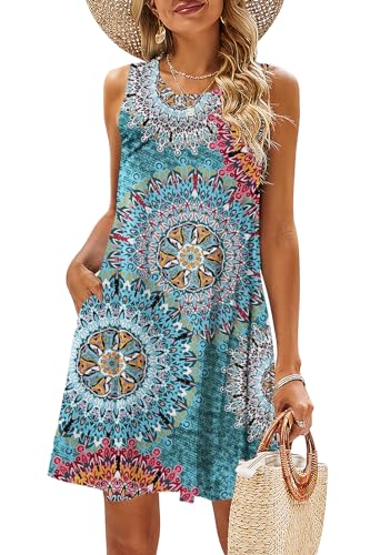 BDTECAOR Sommerkleider für Frauen Strand Boho Ärmellose Vintage Floral Flowy Tasche Tshirt Tank Sonnenkleider Blau L von BDTECAOR