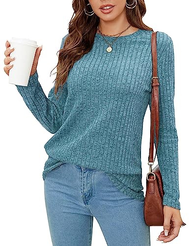 BDTECAOR Sweatshirt Pullover Damen Modische Langarm Leichte Einfarbig Basic Tunika Oberteile Blau Grün L von BDTECAOR