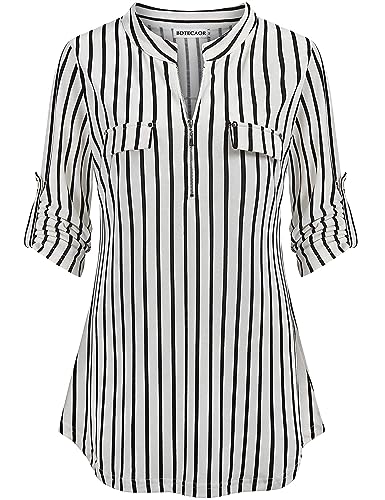 BDTECAOR Tunika Bluse Damen Dreiviertelarm Herbst Arbeitoberteile Frauen Poloshirt Klassisch Knopfleiste Shirts Weiß Gestreifte M von BDTECAOR