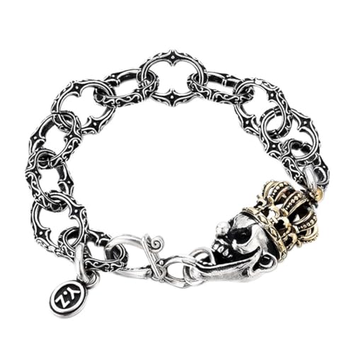 BDUBZ S925 Sterling Silber Vintage Ring Schnalle Ring Krone Totenkopf Armband, personalisiertes Hip Hop Schutzarmband für Männer,Silber,18cm von BDUBZ