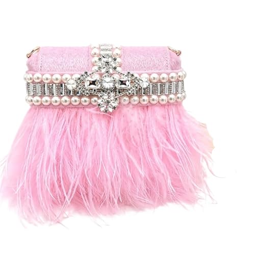 BDXMKS Frauen Straußenfeder Geldbörse Damen Handtaschen Mode Damen Diamant Schultertasche Perle Messenger Bag(Pink) von BDXMKS