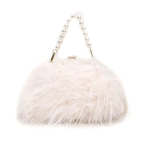 BDXMKS Frauen Straußenfeder Geldbörse Damen Trendy Schultertaschen Quaste Feder Perle Kette Handtaschen for Frauen Herbst Winter Abschlussball Party Abendtaschen Geldbörsen(White) von BDXMKS