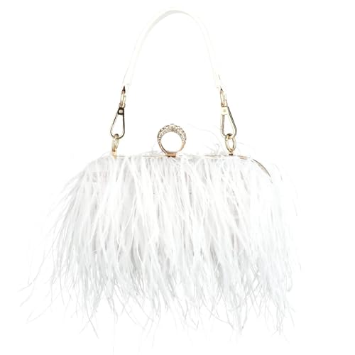 BDXMKS Frauen Straußenfeder Geldbörse Feder Abendtaschen for Frauen Kette Schulter Umhängetasche Quaste Party Clutch Geldbörse Hochzeit Handtaschen(White) von BDXMKS