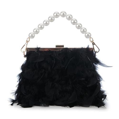 BDXMKS Frauen Straußenfeder Geldbörse Feder Geldbörsen und Handtaschen for Frauen Party Abend Clutch Schultertasche Perle Kette Hochzeit Tasche(Black) von BDXMKS