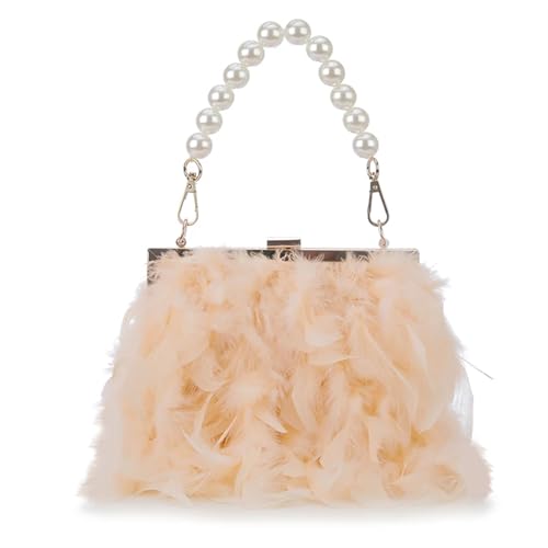 BDXMKS Frauen Straußenfeder Geldbörse Feder Geldbörsen und Handtaschen for Frauen Party Abend Clutch Schultertasche Perle Kette Hochzeit Tasche(Champagne) von BDXMKS