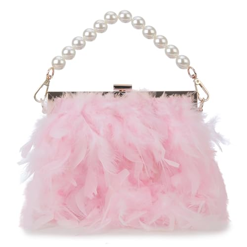 BDXMKS Frauen Straußenfeder Geldbörse Feder Geldbörsen und Handtaschen for Frauen Party Abend Clutch Schultertasche Perle Kette Hochzeit Tasche(Pink) von BDXMKS