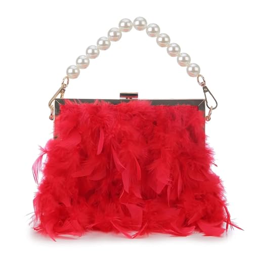 BDXMKS Frauen Straußenfeder Geldbörse Feder Geldbörsen und Handtaschen for Frauen Party Abend Clutch Schultertasche Perle Kette Hochzeit Tasche(Red) von BDXMKS