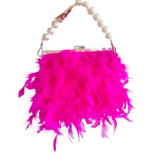 BDXMKS Frauen Straußenfeder Geldbörse Feder Geldbörsen und Handtaschen for Frauen Party Abend Clutch Schultertasche Perle Kette Hochzeit Tasche(Rosy pink) von BDXMKS