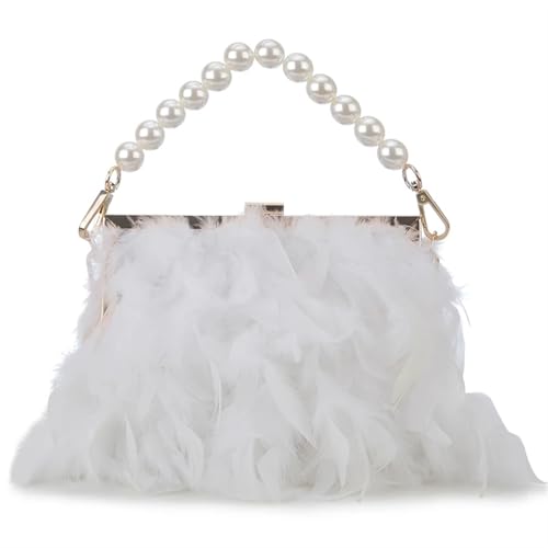 BDXMKS Frauen Straußenfeder Geldbörse Feder Geldbörsen und Handtaschen for Frauen Party Abend Clutch Schultertasche Perle Kette Hochzeit Tasche(WHITE) von BDXMKS