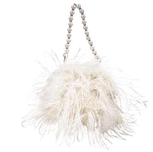 BDXMKS Frauen Straußenfeder Geldbörse Feder Handtasche mit Perlenkette Mini Geldbörse for Party Pelzige kleine Hochzeit Braut romantische Tasche(Beige) von BDXMKS