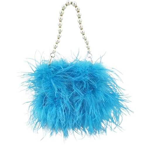BDXMKS Frauen Straußenfeder Geldbörse Feder Handtasche mit Perlenkette Mini Geldbörse for Party Pelzige kleine Hochzeit Braut romantische Tasche(Blue2) von BDXMKS