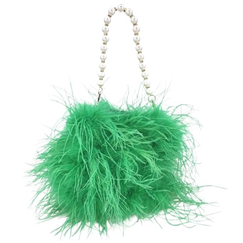 BDXMKS Frauen Straußenfeder Geldbörse Feder Handtasche mit Perlenkette Mini Geldbörse for Party Pelzige kleine Hochzeit Braut romantische Tasche(Green) von BDXMKS