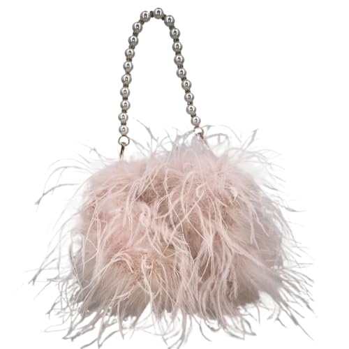BDXMKS Frauen Straußenfeder Geldbörse Feder Handtasche mit Perlenkette Mini Geldbörse for Party Pelzige kleine Hochzeit Braut romantische Tasche(Light pink) von BDXMKS