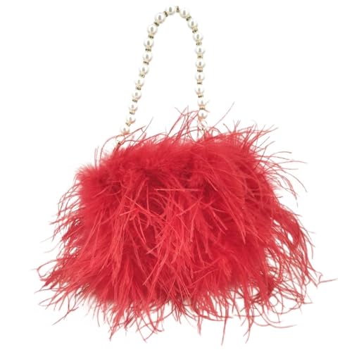BDXMKS Frauen Straußenfeder Geldbörse Feder Handtasche mit Perlenkette Mini Geldbörse for Party Pelzige kleine Hochzeit Braut romantische Tasche(Red) von BDXMKS