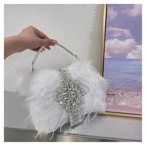 BDXMKS Frauen Straußenfeder Geldbörse Federn Handtaschen Strass Abend Taschen for Frauen Diamant Schulter Umhängetasche Perle Hochzeit Geldbörsen(White) von BDXMKS