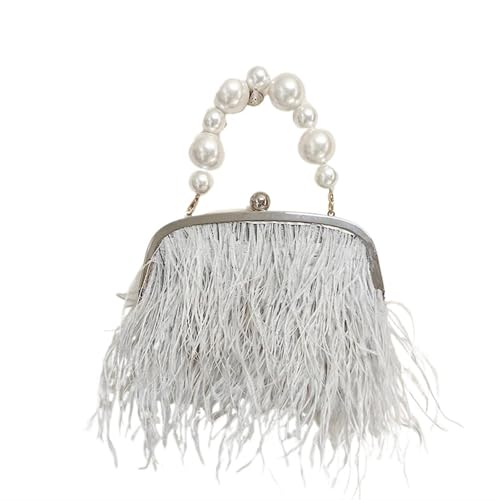 BDXMKS Frauen Straußenfeder Geldbörse Flauschige Abend Feder Taschen for Frauen Geldbörse Griff Handtasche Perle Kupplung(GRAY) von BDXMKS
