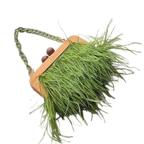 BDXMKS Frauen Straußenfeder Geldbörse Frau Holzrahmen Feder Clutch Kette Taschen Feder Tote Handtasche for Frau Luxus(Olive) von BDXMKS