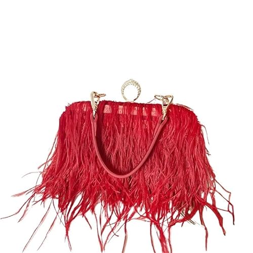 BDXMKS Frauen Straußenfeder Geldbörse Mode Feder Brieftasche Clutch Tasche Damen Diamant Knöchel Ringe Dinner-Party Hochzeit Geldbörse Luxus Chic(Red) von BDXMKS