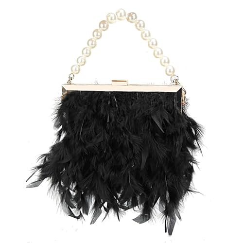 BDXMKS Frauen Straußenfeder Geldbörse Mondfeder Handtasche Damen Abend Clutch Weiße Perlenkette Umhängetasche Luxus Damen Taschen Design Party Geldbörse(Black) von BDXMKS