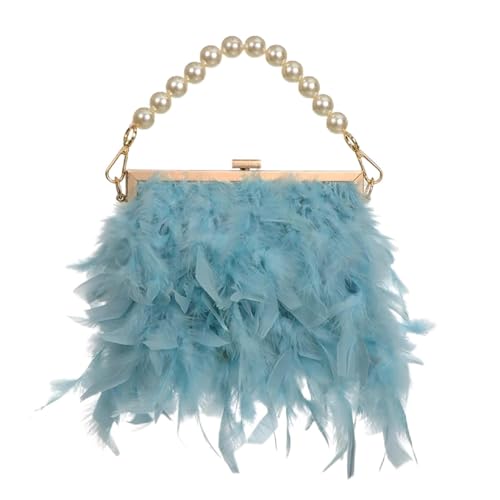 BDXMKS Frauen Straußenfeder Geldbörse Mondfeder Handtasche Damen Abend Clutch Weiße Perlenkette Umhängetasche Luxus Damen Taschen Design Party Geldbörse(Light Green) von BDXMKS
