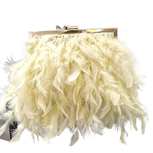 BDXMKS Frauen Straußenfeder Geldbörse Mondfeder Handtasche Damen Abend Clutch Weiße Perlenkette Umhängetasche Luxus Damen Taschen Design Party Geldbörse(Light Yellow) von BDXMKS