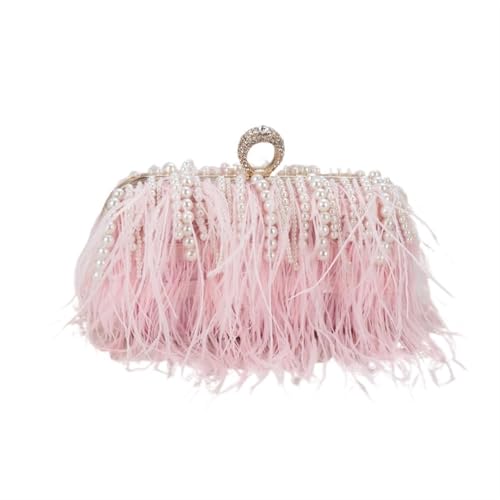 BDXMKS Frauen Straußenfeder Geldbörse Perlenfeder Handtasche Damen Abendtaschen Geldbörse Abendring Clutch Dinnerparty Clutches Damen Umhängetasche(Pink) von BDXMKS
