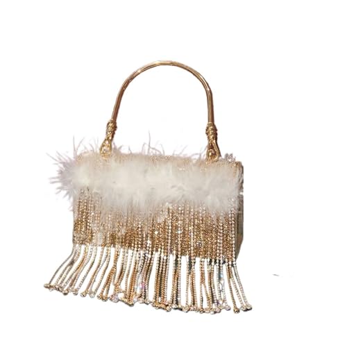 BDXMKS Frauen Straußenfeder Geldbörse Strass Abendtasche Geldbörsen for Frauen Quaste Feder Tasche Glänzend Dinner Party Hochzeit Handtasche Eimer Tasche Schultertasche(Gold) von BDXMKS