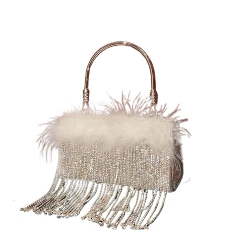 BDXMKS Frauen Straußenfeder Geldbörse Strass Abendtasche Geldbörsen for Frauen Quaste Feder Tasche Glänzend Dinner Party Hochzeit Handtasche Eimer Tasche Schultertasche(Silver) von BDXMKS