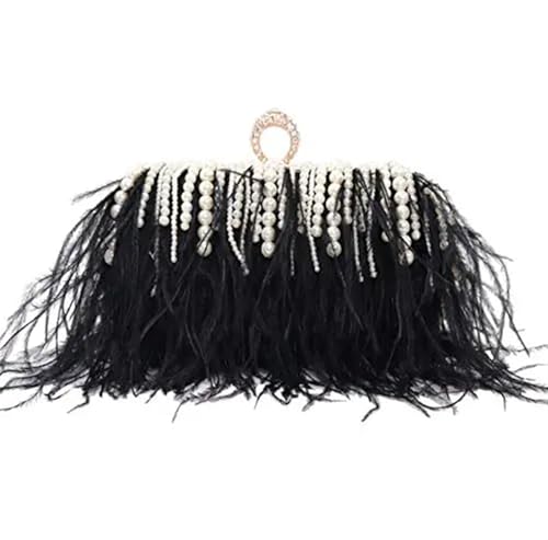 BDXMKS Frauen Straußenfeder Geldbörse Strass Frauen Feder Abend Taschen Kristall Tag Kupplung Mit Kette Schulter Handtaschen Diamanten Geldbörse for Party(Black) von BDXMKS