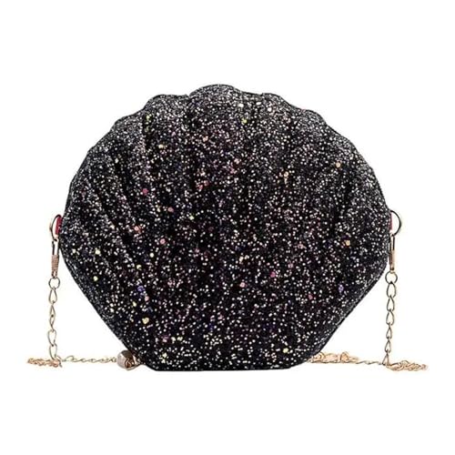 BDXMKS Muschel Tasche Kette Pailletten Umhängetasche for Frauen Pu Leder Handtaschen Süße Muschelform Geldbörse Mini Sommertasche(Black) von BDXMKS