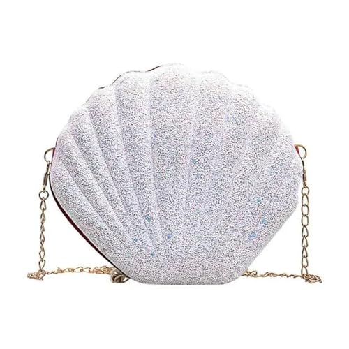 BDXMKS Muschel Tasche Kette Pailletten Umhängetasche for Frauen Pu Leder Handtaschen Süße Muschelform Geldbörse Mini Sommertasche(WHITE) von BDXMKS