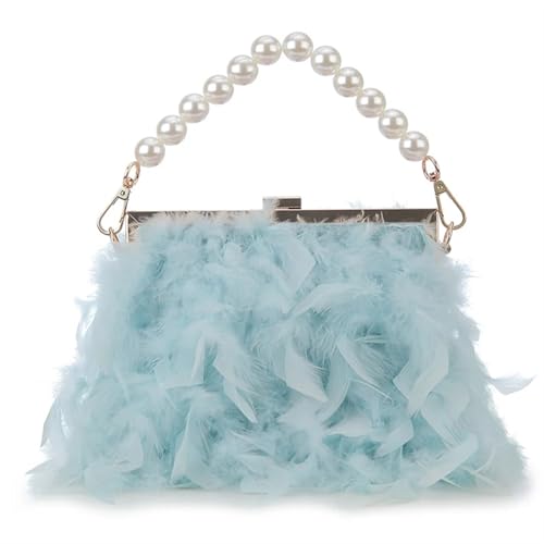 Frauen Straußenfeder Geldbörse Feder Geldbörsen und Handtaschen for Frauen Party Abend Clutch Schultertasche Perle Kette Hochzeit Tasche(Light blue) von BDXMKS