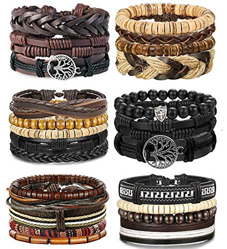 BESTEEL 24 Stück Leder-Armbänder für Herren und Damen, geflochten, Armband, Kordel, Baum des Lebens, Vintage, verstellbar, Schwarz, Braun, Einheitsgröße, One Size, Leder von BESTEEL