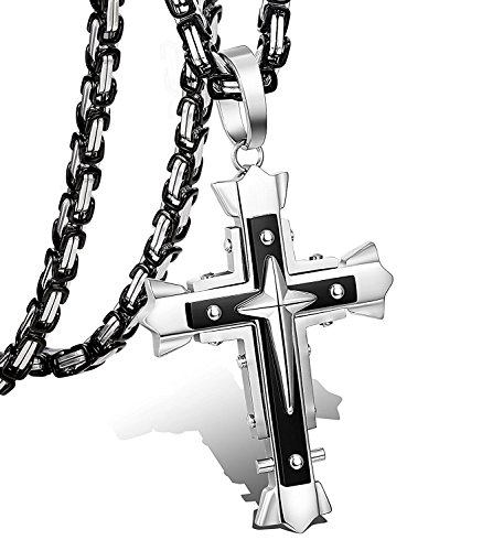 BESTEEL Edelstahl 5MM Kreuz Anhänger Männer Halskette für Herren Jungen Byzantinische Kette Halskette 56CM von BESTEEL