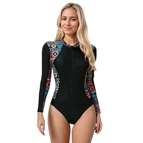 BEACHKINI Damen Surfanzug Badeanzug mit BH,UPF 50+ Langarm Reißverschluss Schwimmshirt,Langarm Einteilige Rashguard,One Piece Swimsuit,Schwarz,XL von BEACHKINI