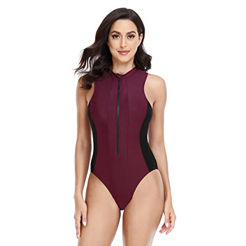 Damen Badeanzug Ärmellos Triangel-Badeanzug Einteiler Bademode Swimsuit Reißverschluss vorne Bauchkontrolle Für Surfen Schwimmen,69-Rot,XXL von Beachkini