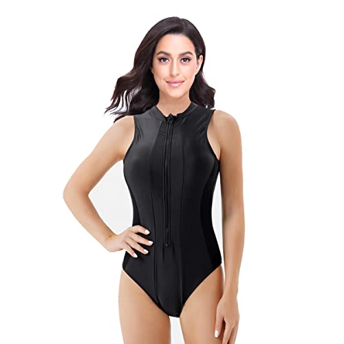 Damen Badeanzug Ärmellos Triangel-Badeanzug Einteiler Bademode Swimsuit Reißverschluss vorne Bauchkontrolle Für Surfen Schwimmen,69-Schwarz,L von Beachkini
