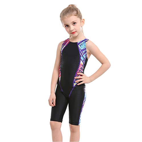 BEACHKINI Einteiliger Badeanzug für Mädchen und Jungen,Sportschwimmbekleidung für Kinder,Knielanger Body,Schwimmbekleidung,Kinder Wettkampf Badeanzug,69 Schwarzes Violett,S von BEACHKINI