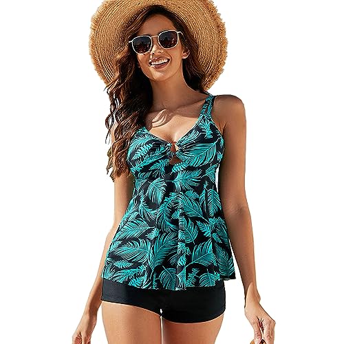 BEACHKINI Frauen Tankini, Zweiteiliges Set Badebekleidung, Sport Badeanzug, Doppelte Schulter Weste Rock Top mit Shorts, Grünes Laub, EU42 von BEACHKINI